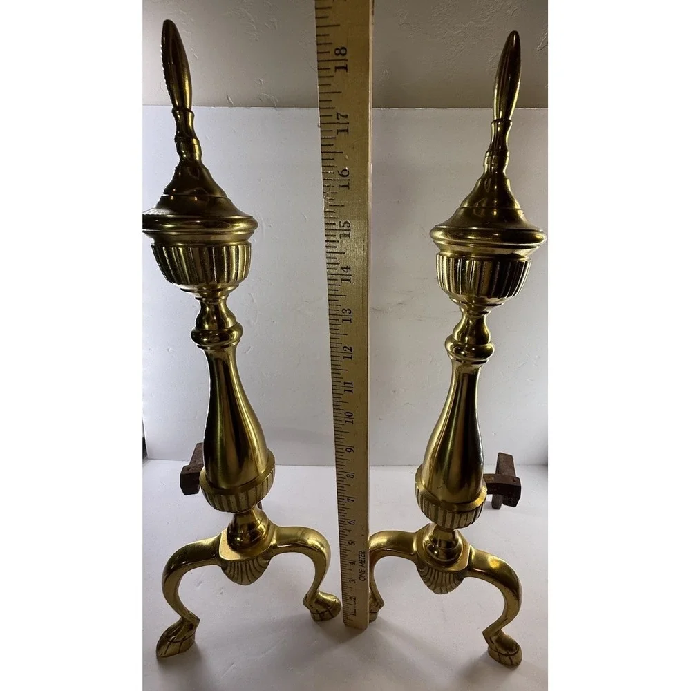 Vintage Pair Federal Style Brass & Iron Andirons Fire Dogs ~19